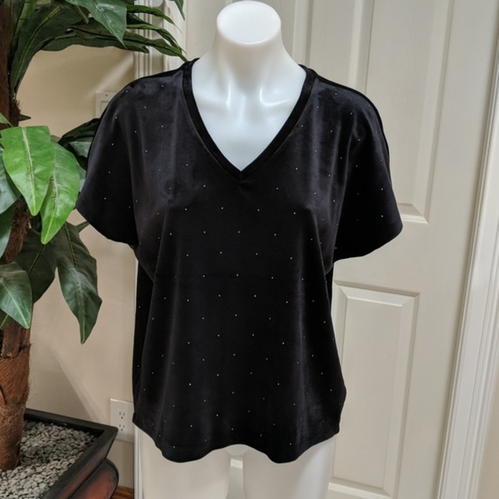 Loft Women's Short Sleeve Velvet V-Neck Top with Studs Size XS
